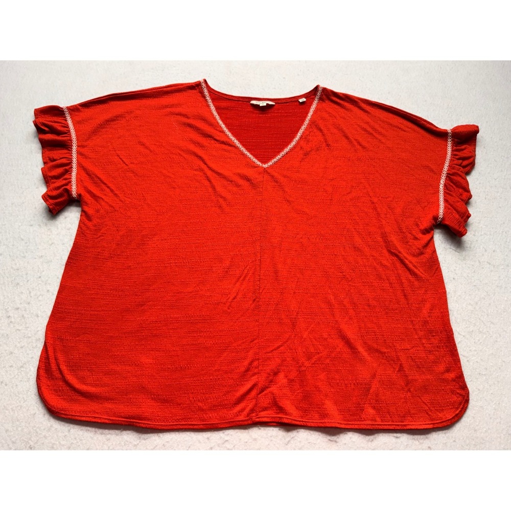 Max Studio London Womens 2X Orange Red V-Neck Ruffle Sleeve Textured Blouse